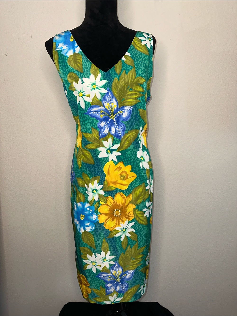 Sag Harbor Teal Floral Sheath Midi Dress with Yellow & Blue Blossoms